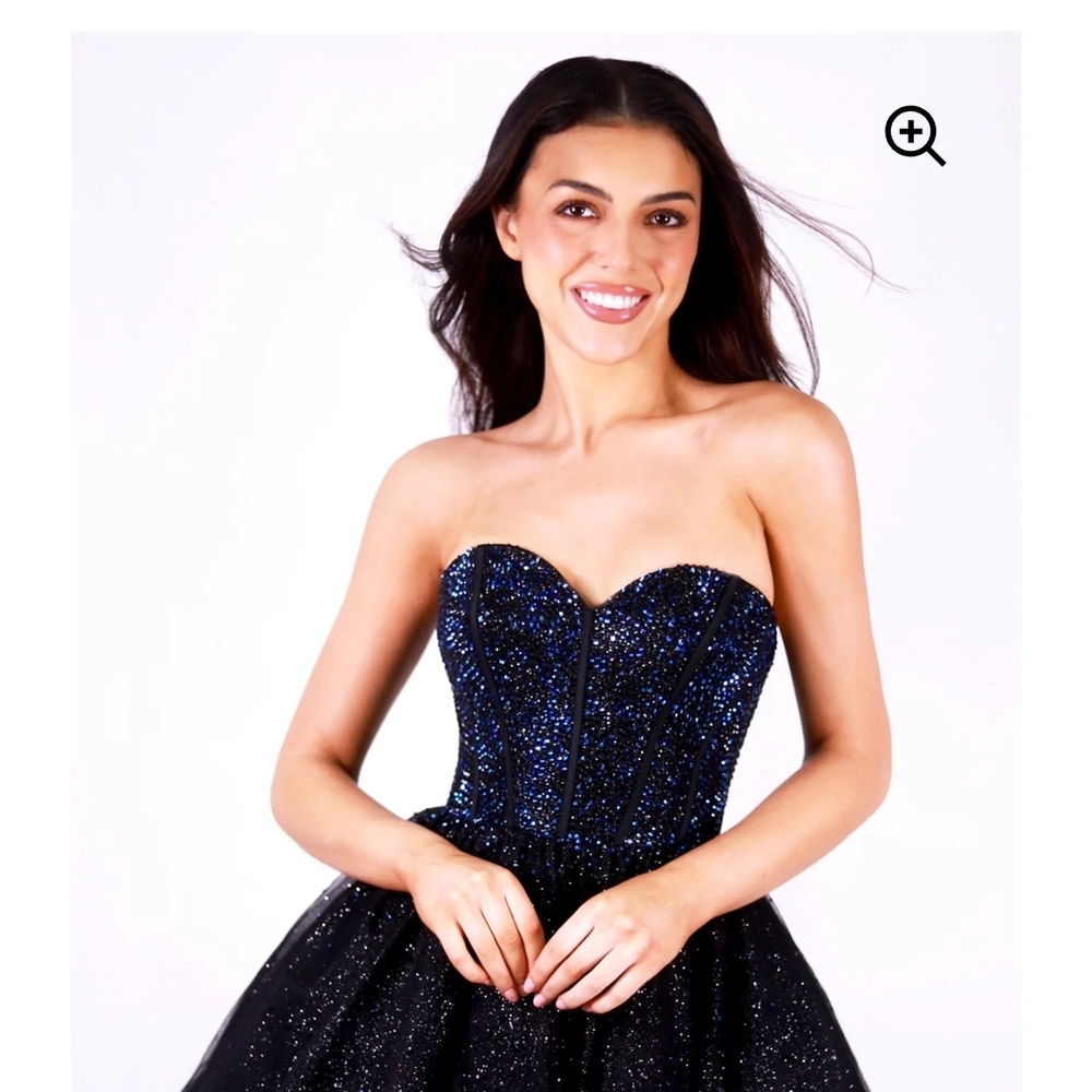 Strapless Navy and Black Sparkle Prom Dress